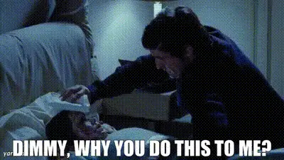 why you do this to me - Horror Hating Man leans toward a person lying in bed in a dimly lit room; meme caption at the bottom reads 'DIMMY, WHY YOU DO THIS TO ME?'