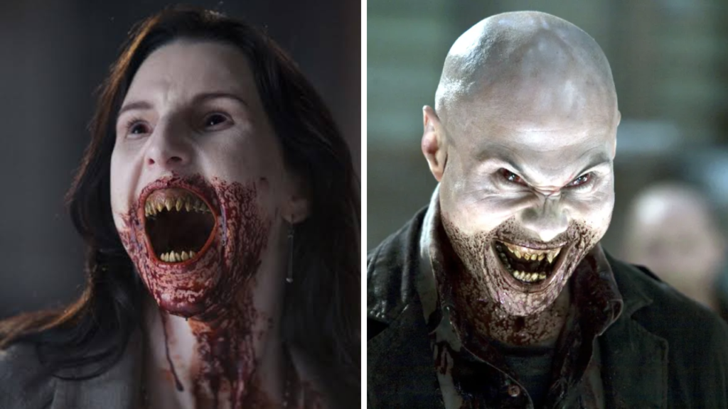 30 Days of Night - Creepy Vampires - Horror Hating Split image: left a woman screaming with blood around her open mouth and fanged teeth; right a pale zombie with a blood‑smeared grin.